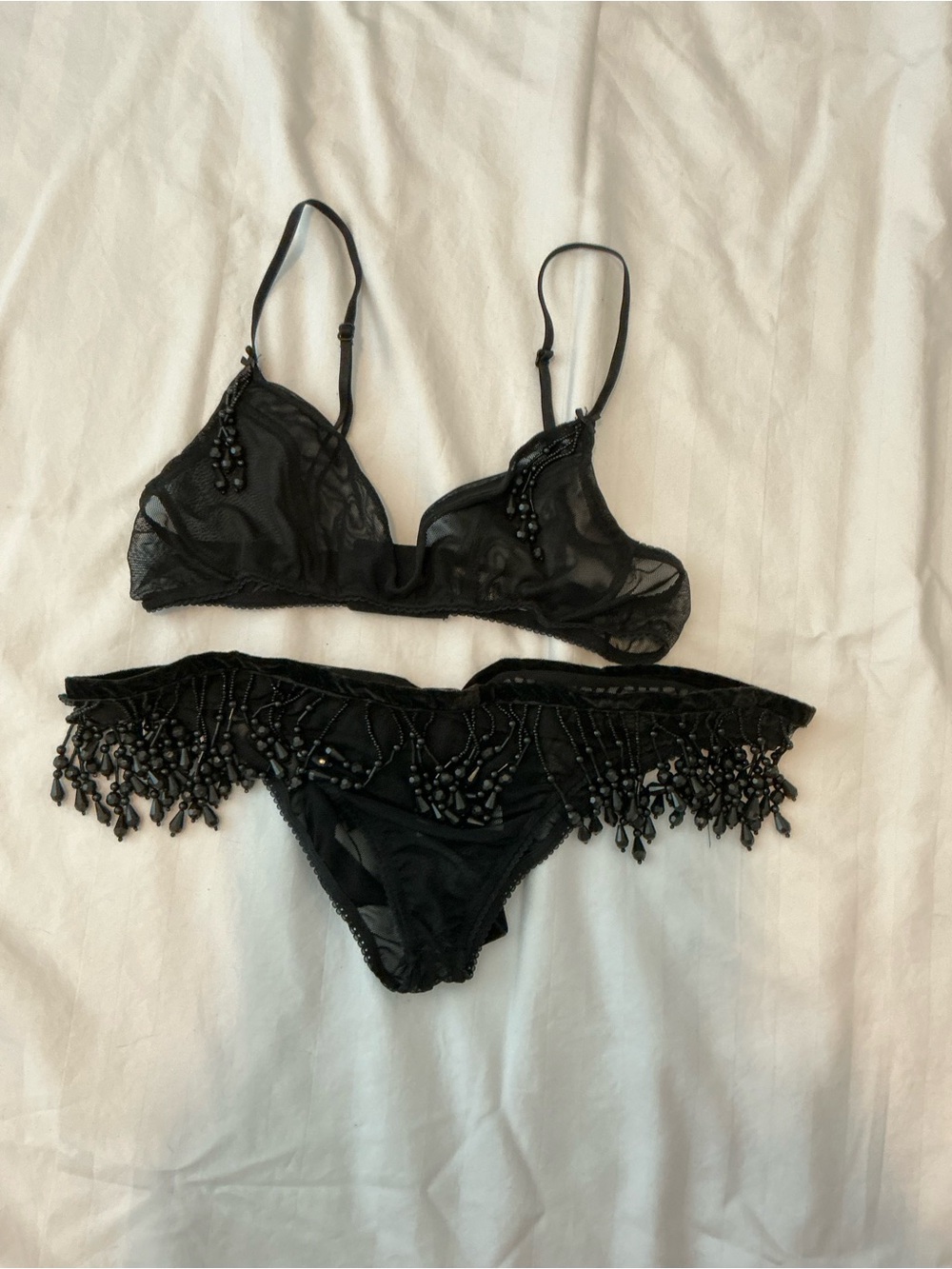 Sheer silk Beaded Black Bralette & Bikini Set - Women Intimates